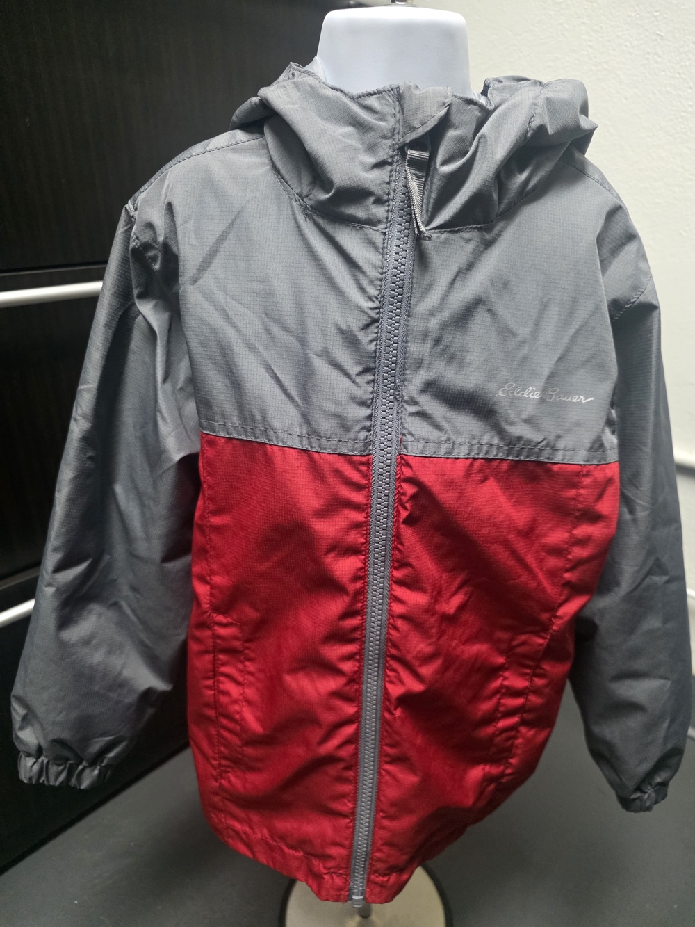 Eddie Bauer Kids Gray and Red Hooded Colorblock Rain Jacket